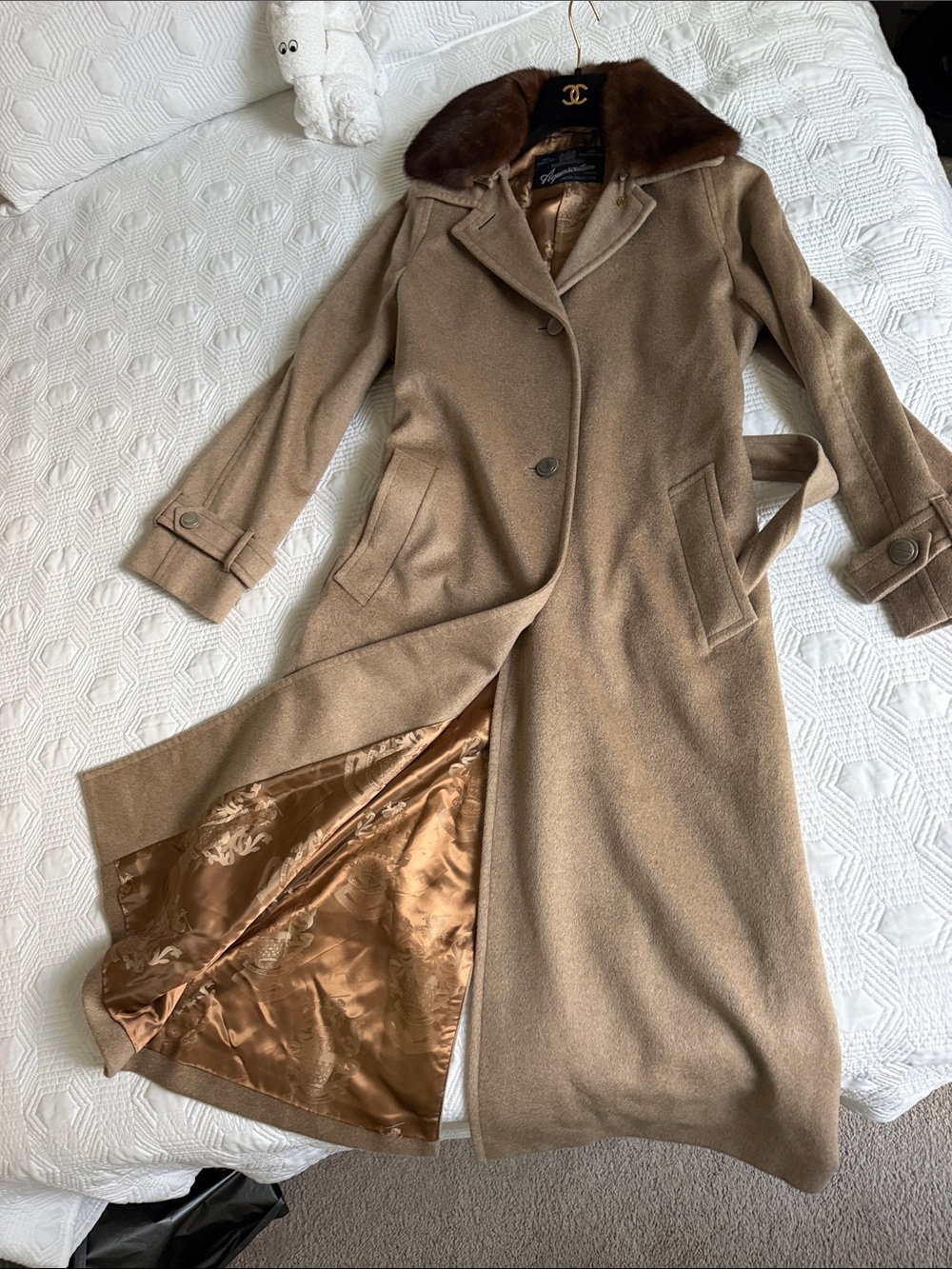 Aguascutum Camel Wool Long Coat with Brown Fur Collar Limited Collection